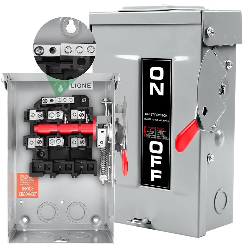 FixOasis 【Upgrade】 3p 30 Amp Disconnect,Disconnect Switch,Add Ground Design,Non-Fusible,NEMA 3R Standard,Heavy Duty Steel Material,Rust and Corrosion Resistant,for Indoor and Outdoor,120/240v,10-Year Warrnaty - Image 1